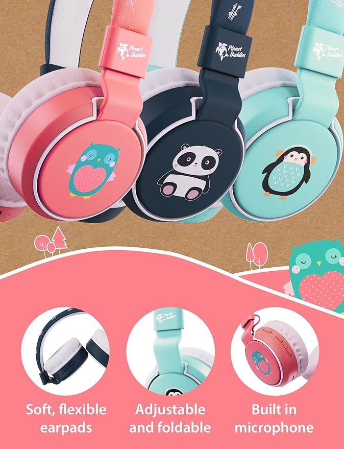 Planet Buddies Kids Headphones, Foldable Wireless On Ear Bluetooth Headphones for Kids with Microphone, 85dB Volume Limiter, Cute Owl Kids Earphones for Tablets and Phones, Travel, School & Music