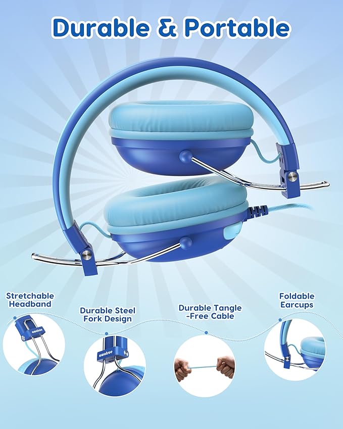 Kids Headphones, 74/85dB Safe Volume Limit, Stereo Sound, Wired On-Ear Headphones for Kids Boys Girls, 3.5mm Jack for Tablet, iPad, Kindle, YOTO Player, Airplane Travel, Blue