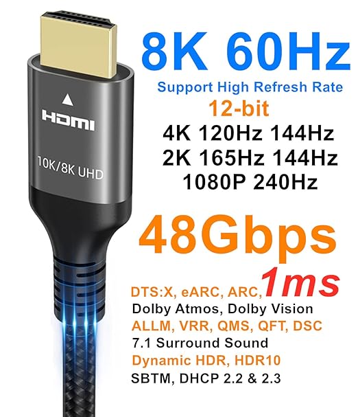 Ubluker 10K 8K 4K HDMI Cable 48Gbps 1.5 FT, Certified Ultra High Speed HDMI® Cable 4K 240Hz 144Hz 120Hz 8K60Hz 0.01ms HDR10+ eARC HDCP2.3 Netflix Roku TV PC Monitor Projector PS5 Xbox