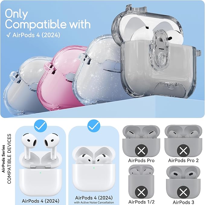 Clear Case for AirPods 4 Case Cover with Safety Lock,Soft TPU Cover with Phone Stand & Cleaning Kit,Cute Bling Keychain for Women Girls-Clear Black