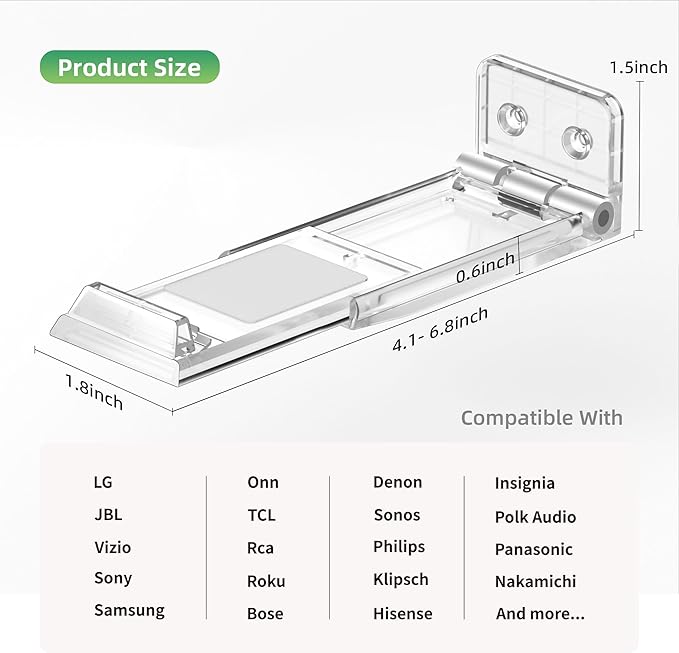 ELETIUO Soundbar Wall Mount Bracket for Samsung, LG, Sony, JBL, Vizio, Sonos and More, Depth Adjustable 3.5”-6.1”,Hold up to 30 Lbs,Soundbar Shelf Under TV, Clear