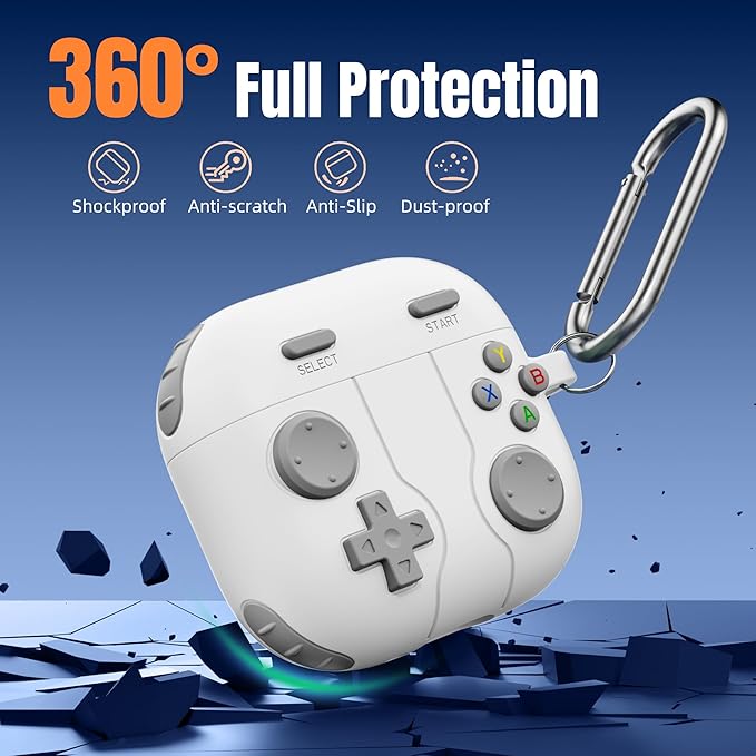 for AirPods 4 2024 Case Cover with Cleaner Kit, Keychain, Compatible with Apple Airpods 4 Case Cover, Cute Funny Game Console Shock-Proof Protective Silicone AirPod 4 Case Covers for Men Boy-White