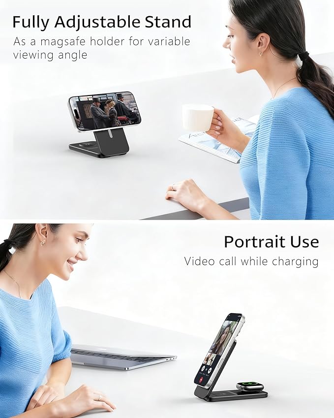 3 in 1 Qi2 Magnetic Wireless Charging Station for Apple Devices, Foldable Travel Charger Stand for iPhone 17/16/15/14/13/12 Series, Apple Watch Ultra/10/9/8/7/6/SE & AirPods Pro/4/3