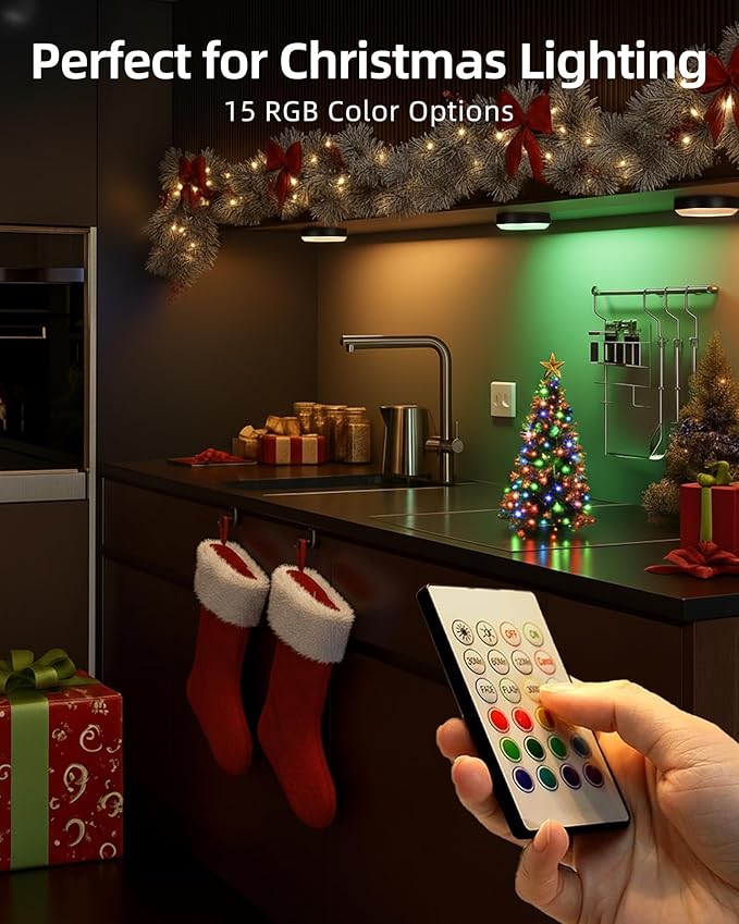 EZVALO Under Cabinet Lighting,1000mAh Rechargeable Puck Lights with Remote,3 Color Temps & 12 RGB Motion Sensor Closet Lights Indoor,Dimmable Under Cabinet Lights for Kitchen,Cabinets,Closet (3 Packs)
