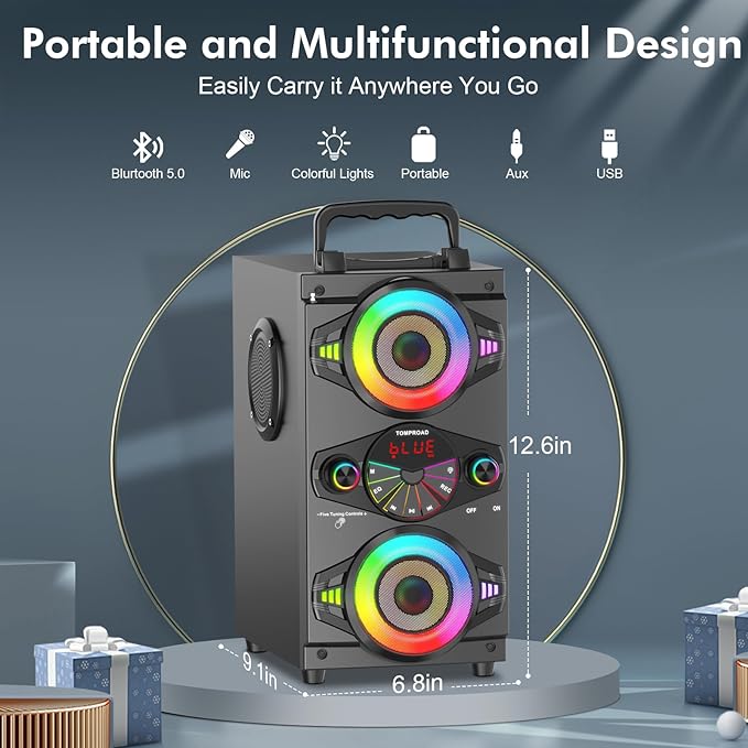 Bluetooth Speakers, 60W Portable Wireless Loud Outdoor Home Party Bluetooth Speaker with Subwoofer, FM Radio, LED Colorful Lights, Microphone, Remote and Big Powerful Stereo Deep Bass Sound Boombox