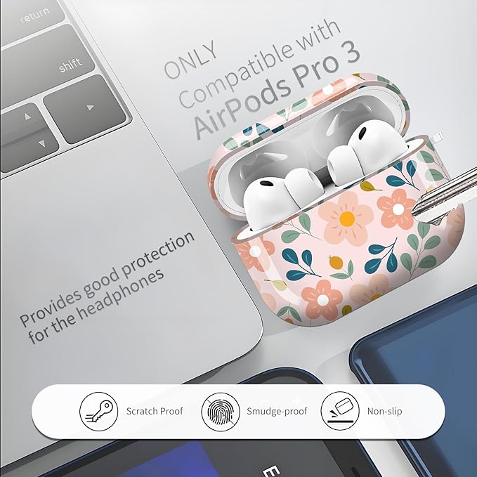 AirPod Pro 3 (2025) Case Cover for Women, Cute Shockproof TPU Protective Case with Gold Round Buckle, Anti-Drop Design Leaves and Flowers