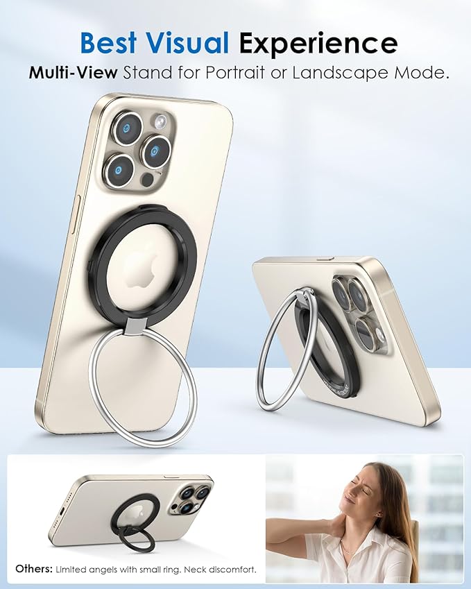 Magnetic Cell Phone Ring Holder Stand - 180° Rotating Finger Ring Kickstand, Premium Polished Metal Grip, Compatible with Magnetic Car Mounts. Ideal for iPhone 15/14-Must-Have Phone Accessory