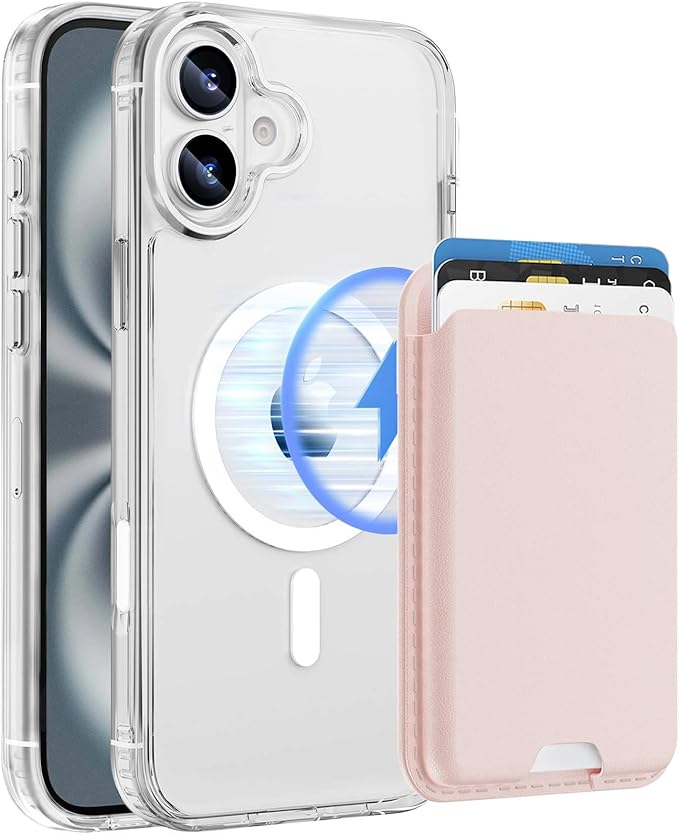 Magnetic for iPhone 16 Plus Clear Case with Pink Card Holder, Compatible with MagSafe, Slim Shockproof Phone Cover with Detachable Wallet, Built-in Magnet Ring