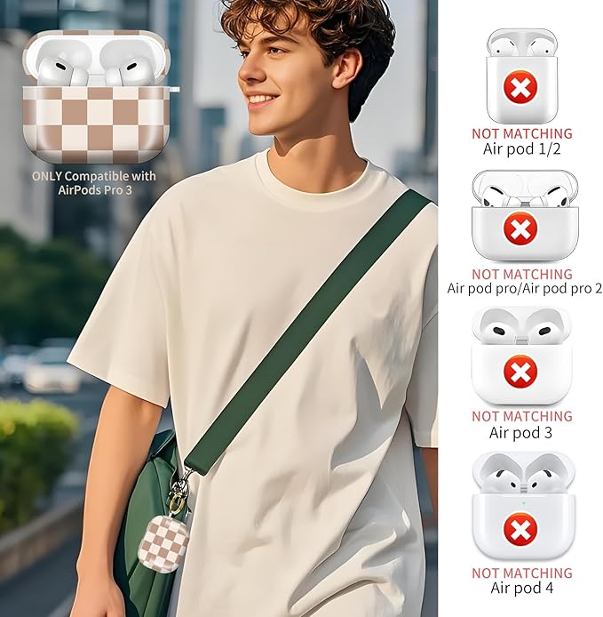 Compatible with AirPods Pro 3rd Generation 2025 Case Cover with Gold Keychain - Cute Protective Hard AirPod Pro 3 Cases for Women - Beige Coffee Checkered