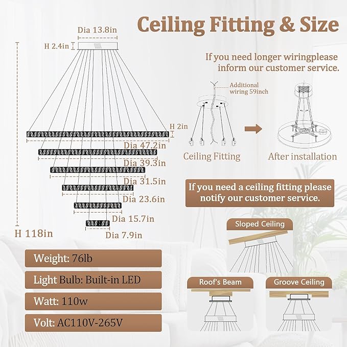 Flashing God Modern 6 Ring Crystal Chandeliers for High Ceiling Large Foyer Chandeliers LED Dimmable Crystal Ceiling Light Fixtures for Entryway Living Room Staircase Gold