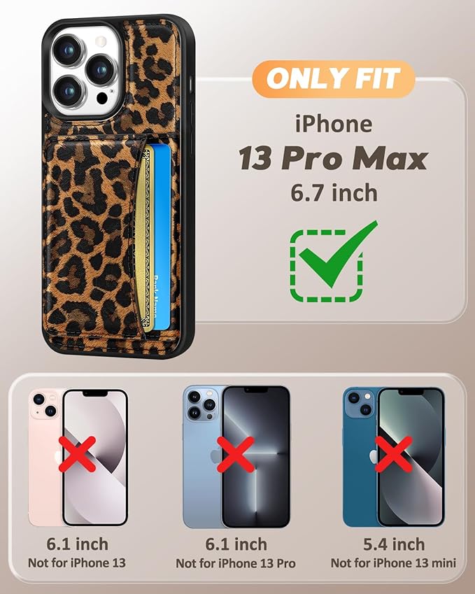 for iPhone 13 Pro Max Case with Wallet - Fits 4 Card Slots, Compatible with MagSafe for Women Aesthetic Durable PU Leather Credit Card Holder Kickstand Phone Cover for Apple 13 Promax, Leopard