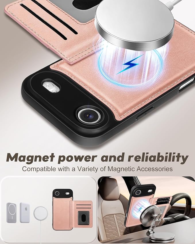for iPhone 17 Air Case with Wallet - Fits 4 Card Slots, Compatible with MagSafe for Women Aesthetic Durable PU Leather Credit Card Holder Kickstand Phone Cover for Apple 17 Air, Rose Gold