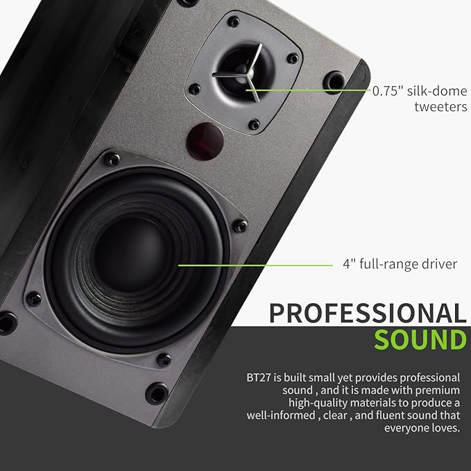 SINGING WOOD BT27 Active Powered Bluetooth Bookshelf Speakers - 60W RMS Studio Monitor Speakers for PC, TV, Turntable - High Fidelity Wooden Enclosure with Remote Control - Black
