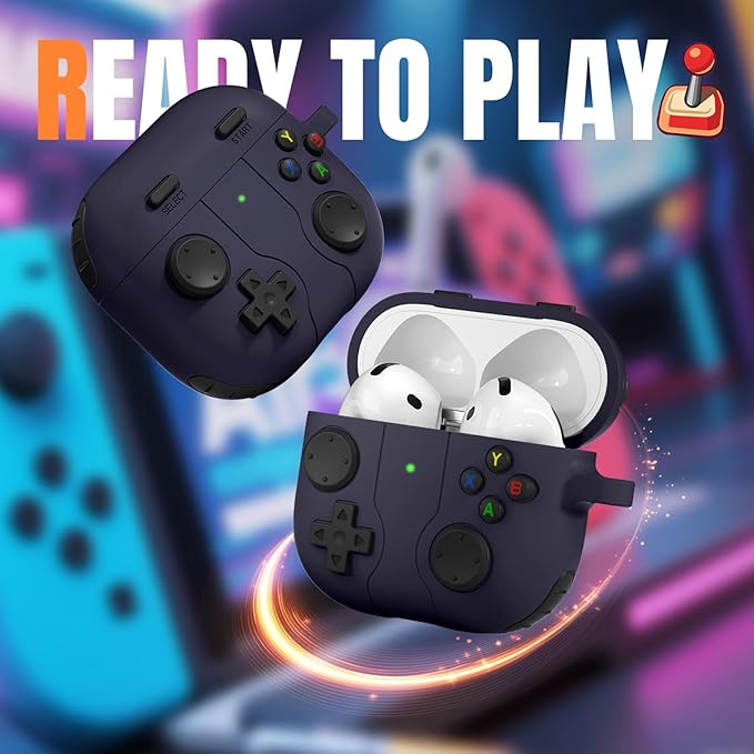 Getino Game Case for AirPods 4 2024 Cover with Cleaner Kit, Keychain, Compatible with Apple Airpods 4 Case Covers, Cute Funny Shock-Proof Protective Silicone AirPod 4 Cases for Men Boy-Dark Purple
