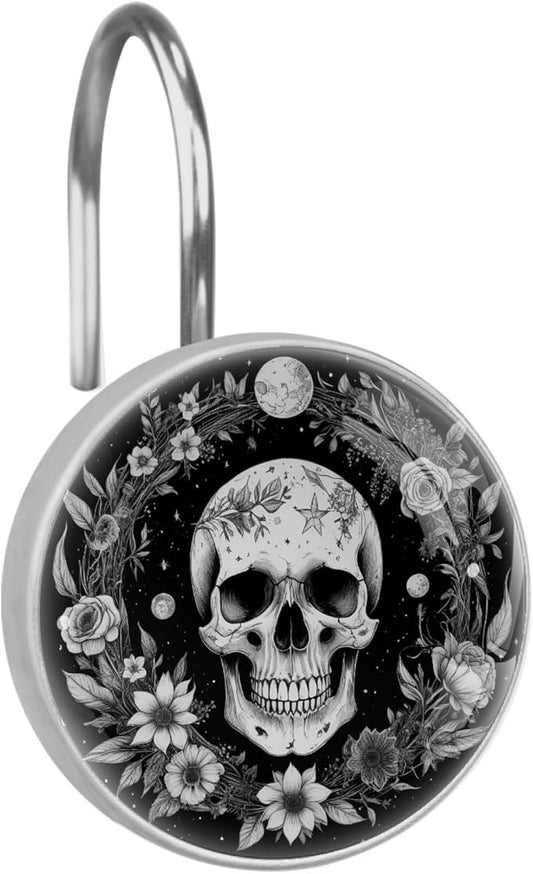 12 Packs Gothic Skull and Floral Shower Curtain Hooks, Stainless Steel Glass Shower Curtain Rings for Bathroom Decor, Metal Rustproof Curtain Rod Hooks