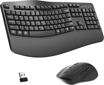 Wireless Keyboard and Mouse Combo,2.4G Full Size Ergonomic Wave Keys(Gray)