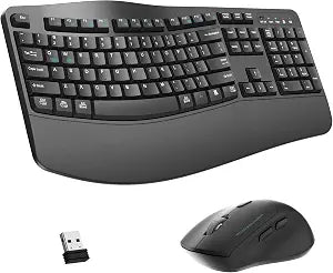 Wireless Keyboard and Mouse Combo,2.4G Full Size Ergonomic Wave Keys(Gray)