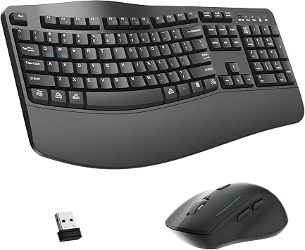 Wireless Keyboard and Mouse Combo,2.4G Full Size Ergonomic Wave Keys(Gray)