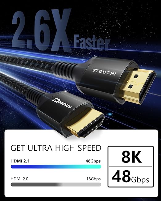 Stouchi 10K 8K HDMI Cable 6ft, Ultra High Speed HDMI® Cable 4k120Hz 144Hz 8k60Hz 48Gbps eARC HDR10+ Atmos HDCP 2.3 Compatible for Mac RTX4090 PC HDTV PS5 Xbox, Black