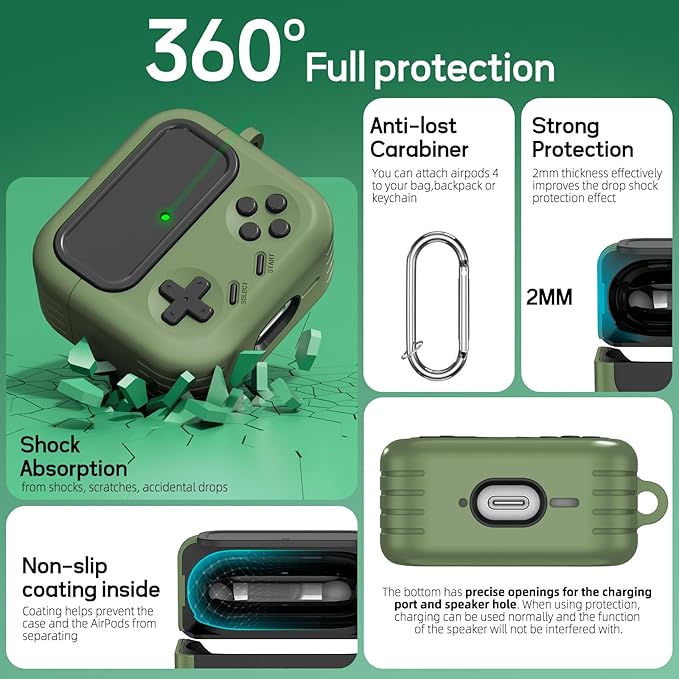 Inesore for Airpods 4 Case with Lock,Compatible with Airpods 4 with Active Noise Cancellation Cases,Classic Cool Funny Game Console Air pods4 Case Cover for Men Boy with Cleaner Kit(Green)
