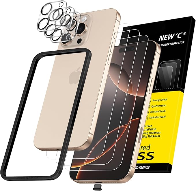 NEW'C 3x for iPhone 16 Pro Max Screen Protector (6.9 inches)+ 3x Camera Lens Protector, Sensor Protection, Case Friendly Tempered Glass Film + Dust Plug- Easy installation tool include