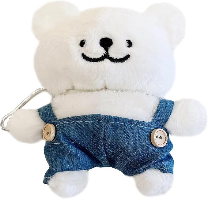 Yatchen Furry Case for AirPods 4,Funny Cute 3D Cartoon Plush Kawaii White Puppy Wearing Overalls Design Fluffy Soft Warm Cover for AirPods 4rd Generation Charging Box with Keychain Protector