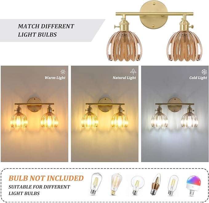 Bathroom Light Fixtures, 2-Light Brass Vanity Wall Light Over Mirror with Amber Tulip Glass Shade for Bedroom Living Room (Bulb Not Included)
