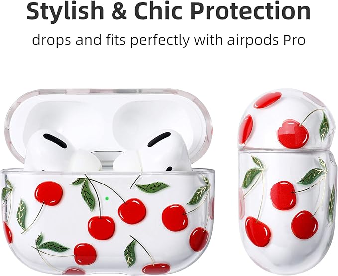 Compatible with Apple Airpods Pro Case for Women, Clear with Designs Patterns Hard PC Shockproof [Front LED Visible ] Anti-Fall Full Protector Cover, Cherry
