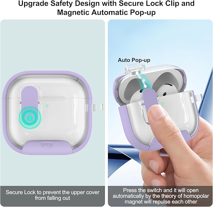 for Airpods 4 Case Clear,Secure Lock for Airpods 4th Generation Case Cover with Phone Stand and Magsafe Function,Auto Pop-up,Hybrid Protection Design with Carabiner&Cleaning Pen-Purple