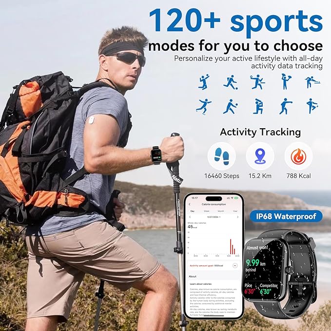 Smart Watch with Alexa Built-in, 1.83" HD Touchscreen, Digital Bluetooth Calling, IP68 Waterproof Fitness Tracker, 120+ Sports Modes, 24/7 Heart Rate/Sleep Monitor for iPhone Android (Black)