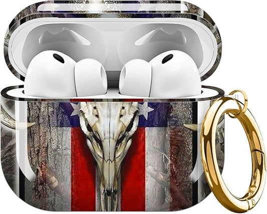 Compatible with AirPods Pro 3 Case 2025 for Women Girls – Cute Shockproof Protective Cover with Gold Round Buckle, Anti-Drop Soft Case for AirPod Pro 3rd Gen (Deer Skull Flag)