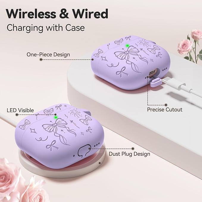 for Airpods 4 Case Cover, Joremx Cute Bow Engraved Silicone Protective Case Cover with Keychain, Cleaner Kit for AirPods 4th Generation Case 2024 (Light Purple)