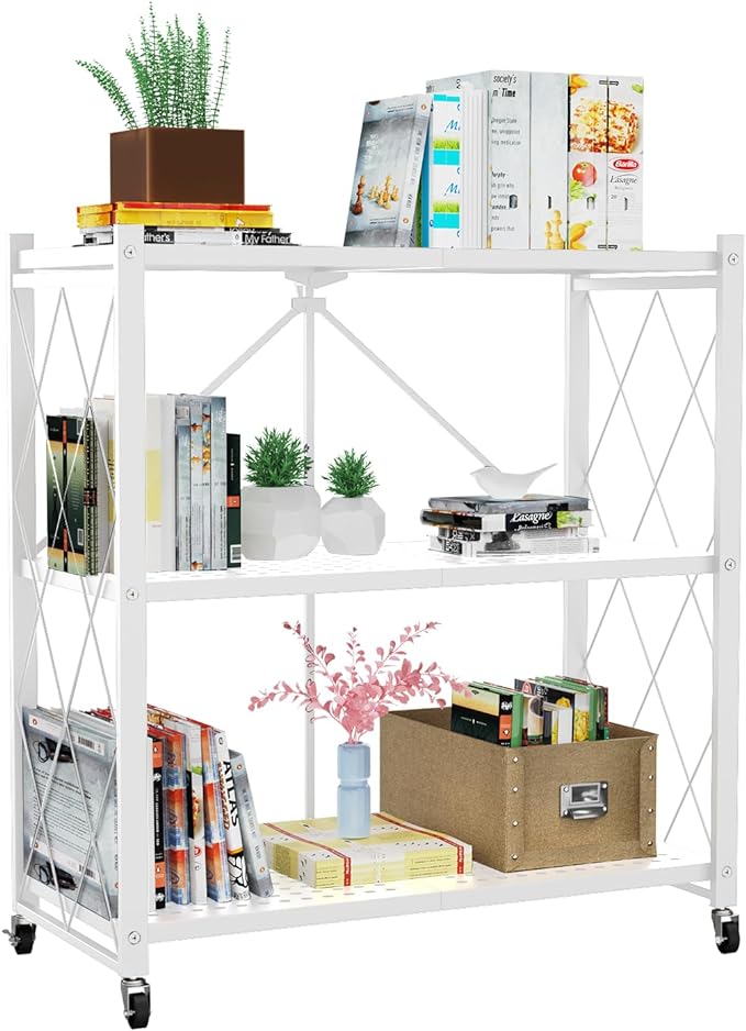 3-Tier Foldable Storage Shelf with Wheels | Metal Rack Collapsible Shelving Display | Rolling Cart for Books Kitchen Storage Shelves | Pantry & Closet Organizer | Office Room Decor