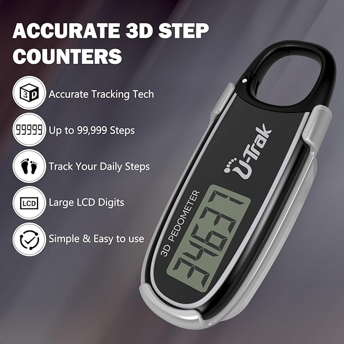 3D Pedometer for Walking with Removable Clip and Carabiner Simple Step Counter for Walking Accurate Clip On Step Tracker for Men Women Kids