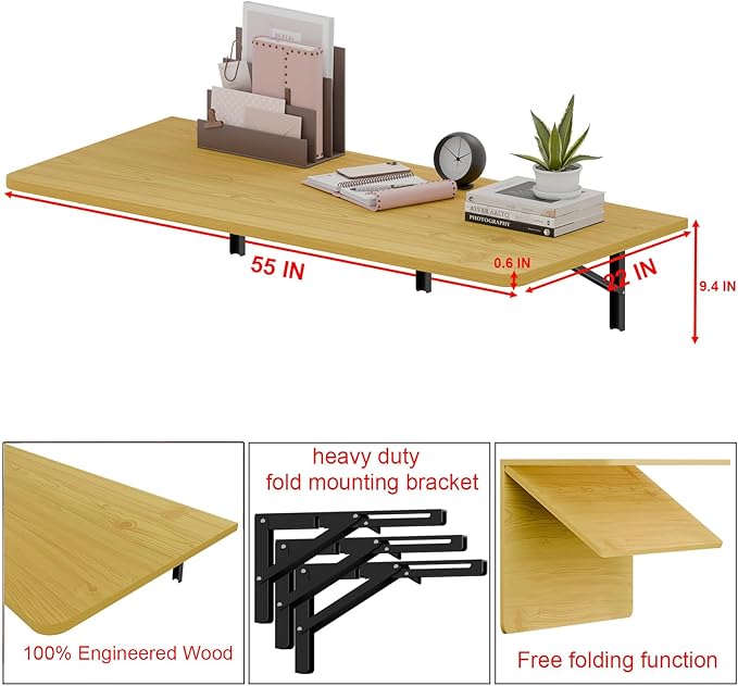 IAE 55" x 22" Floating Foldable Desk,Wall-Mounted Folding Computer Table with Engineered Wood,Study Table with Shelf Brackets,Fold Down Shelf,Fold Computer Desk for Small Spaces,Holds 500 lb,Natural