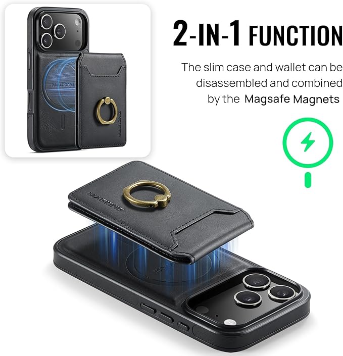 Wallet Case for iPhone 17 Pro, 2 in 1 Strong Magnetic Detachable, Shockproof Phone Case Compatible with MagSafe, Slim Leather Wallet RFID Blocking 5-Card Holder Ring Grip Stand (Black)