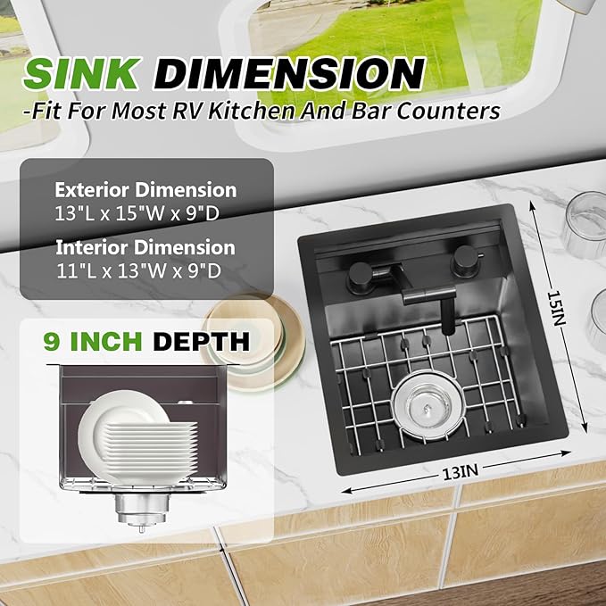 Black RV Kitchen Sink, 13x15In Stainless Steel Undermount Single Bowl Space-Saving Workstation Kitchen&Bar Sink Come With Foldable Faucet,Cutting Board,SS Grid Nice For RV,Tiny Home,Small Bar