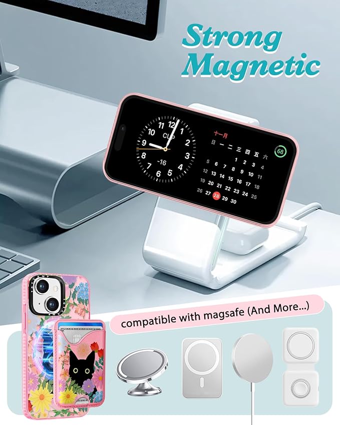 Toycamp for iPhone 14 Plus Case - Compatible with Magsafe Credit Card Holder Wallet Magnetic Cute Women Teen Girls Kawaii Girly Unique Cat Flower Design Phone Cover for iPhone 14 Plus