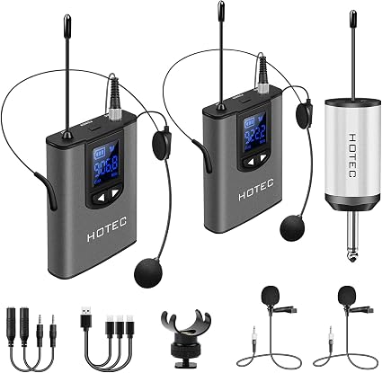 Hotec Wireless System with Dual Headset Microphones/Lavalier Lapel Mics and Bodypack Transmitters and One Mini Rechargeable Receiver 1/4" Output, for Live Performances