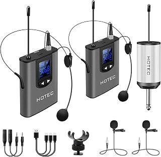Hotec Wireless System with Dual Headset Microphones/Lavalier Lapel Mics and Bodypack Transmitters and One Mini Rechargeable Receiver 1/4" Output, for Live Performances - Image 1
