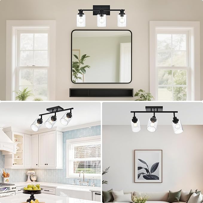 3-Light Black Track Lighting Kit Ceiling Mount Kitchen Track Lighting Fixtures, Bathroom Ceiling Tracking Vanity Light with Bubble Seeded Glass Shade & Rotatable Tracking Heads for Accent Shop