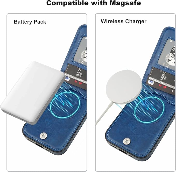 KIHUWEY for iPhone 17 Case Wallet Compatible with MagSafe Wireless Charging, Credit Card Holder, RFID Flip Leather Magnetic Clasp Kickstand Heavy Duty Protective Cover 6.3 Inch (Blue)