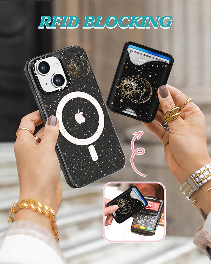 Toycamp for iPhone 15 Case - Compatible with Magsafe with Credit Card Holder Wallet Magnetic Cute Women Teen Girls Kawaii Girly Unique Sun Moon Design Pretty Phone Cover for Apple 15 6.1"