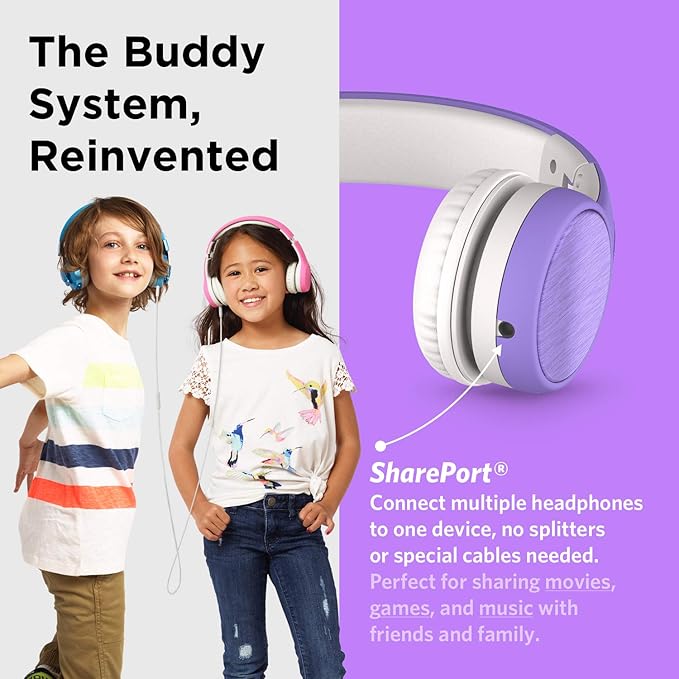 LilGadgets Connect+ Style On-Ear Kids Headphones with Microphone - SharePort Technology, SoftTouch Padding, Detachable Cable, Volume Limiting, Durable & Adjustable - Purple