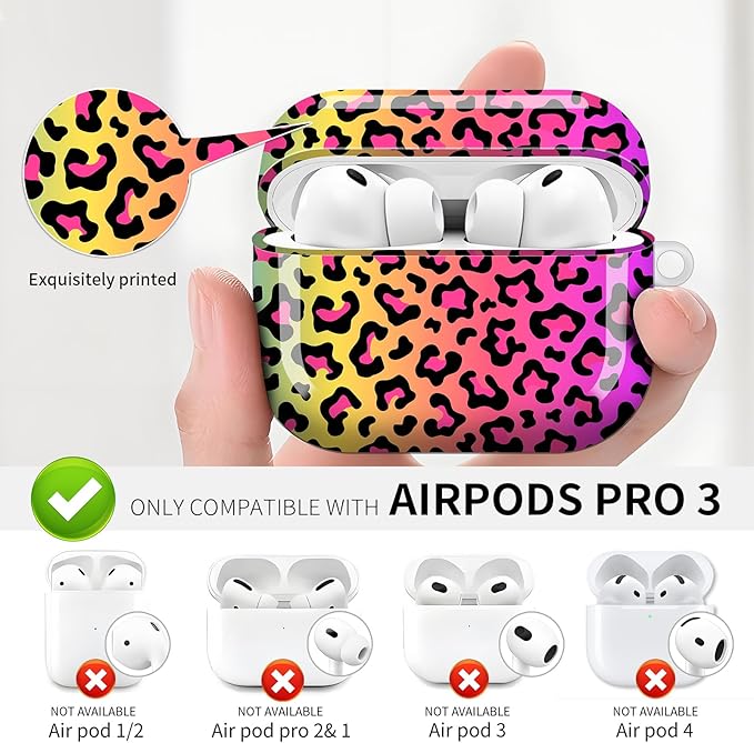 Compatible with AirPod Pro 3 (2025),Cute Case Cover for Women & Men, Full Protection Shockproof Hard Case with Keychain, Wireless Charging Case Accessories(Neon Rainbow Leopard)