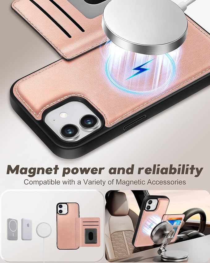 for iPhone 11 Case with Wallet - Fits 4 Card Slots, Compatible with MagSafe for Women Aesthetic Durable PU Leather Credit Card Holder Kickstand Phone Cover for Apple 11, Rose Gold