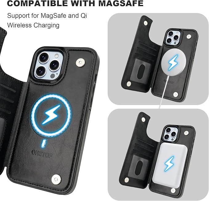 ONETOP Compatible with Magsafe for iPhone 13 Pro Max Wallet Case with Card Holder, PU Leather Kickstand RFID Blocking Case, Double Magnetic Clasp and Durable Shockproof Cover 6.7 Inch (Black)