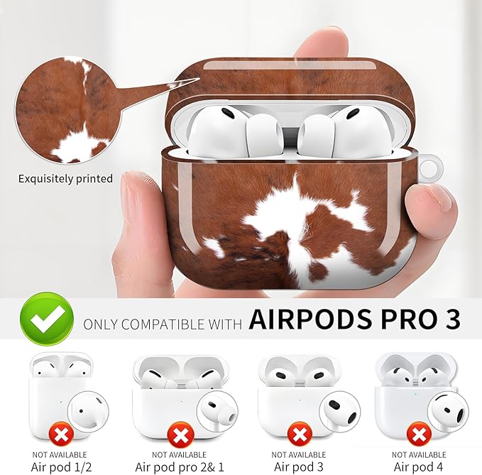 Compatible with AirPod Pro 3 (2025),Cute Case Cover for Women & Men, Full Protection Shockproof Hard Case with Keychain, Wireless Charging Case Accessories(Cow Hide)