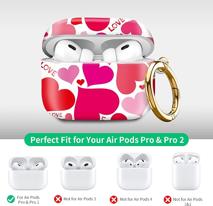 Compatible with Airpod pro 2nd/1st Generation Case Cover with Gold Round Keychain Cute Pattern Hard & Anti Slip Cover for Men Women & Girls（Red Love）