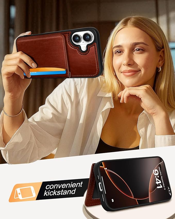 for iPhone 16 Plus Case with Wallet - Fits 4 Card Slots, Compatible with MagSafe for Women Men Aesthetic Durable PU Leather Credit Card Holder Kickstand Phone Cover for Apple 16 Plus, Brown